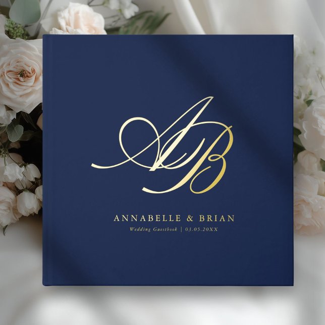 Elegant, Monogram, Wedding  Guest Book (Blue, Monogram, Scripted Font, Foil Wedding Guest Book. )