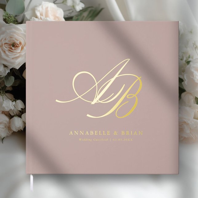 Elegant, Monogram, Wedding  Guest Book (Dusty Mauve, Monogram, Scripted Font, Foil Wedding Guest Book. )