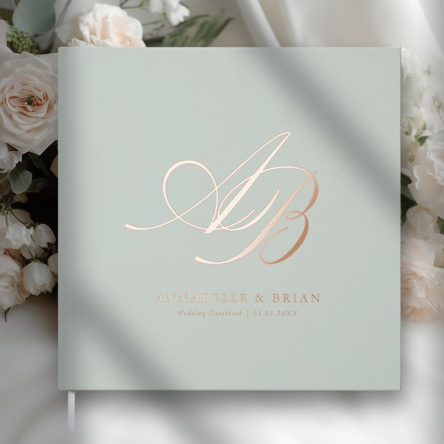 Elegant, Monogram, Wedding  Guest Book (Sage Green, Monogram, Scripted Font, Foil Wedding Guest Book. )