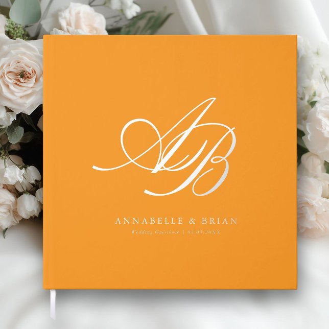 Elegant, Monogram, Wedding  Guest Book (Orange, Custom, Monogram, Scripted Font, Foil Wedding Guest Book. )