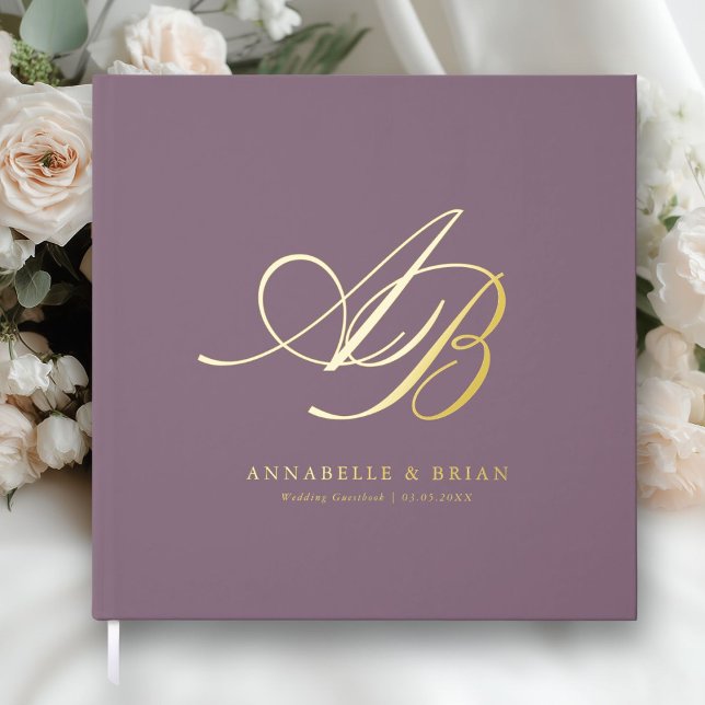 Elegant, Monogram, Wedding  Guest Book (Purple, Custom, Monogram, Scripted Font, Foil Wedding Guest Book. )