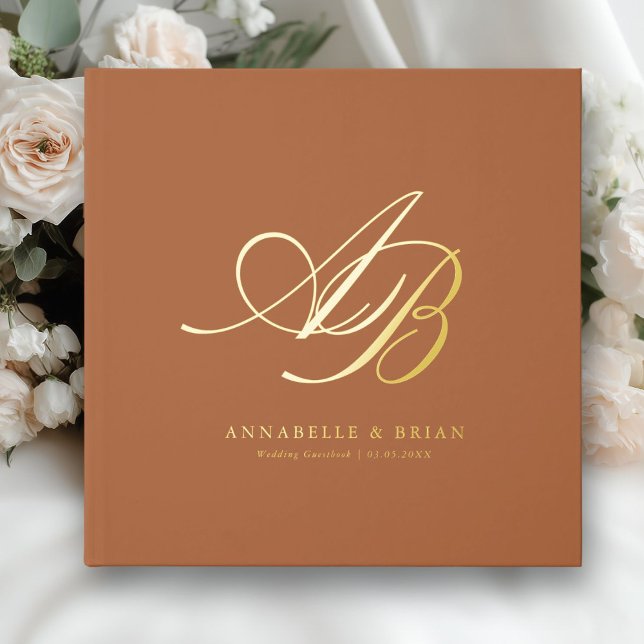 Elegant, Monogram, Wedding  Guest Book (Brown-Orange, Custom, Monogram, Scripted Font, Foil Wedding Guest Book. )