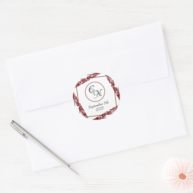 Elegant Monogram Wedding Maroon Round Stickers (Envelope)