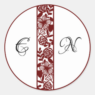Elegant Monogram Wedding Maroon Round Stickers