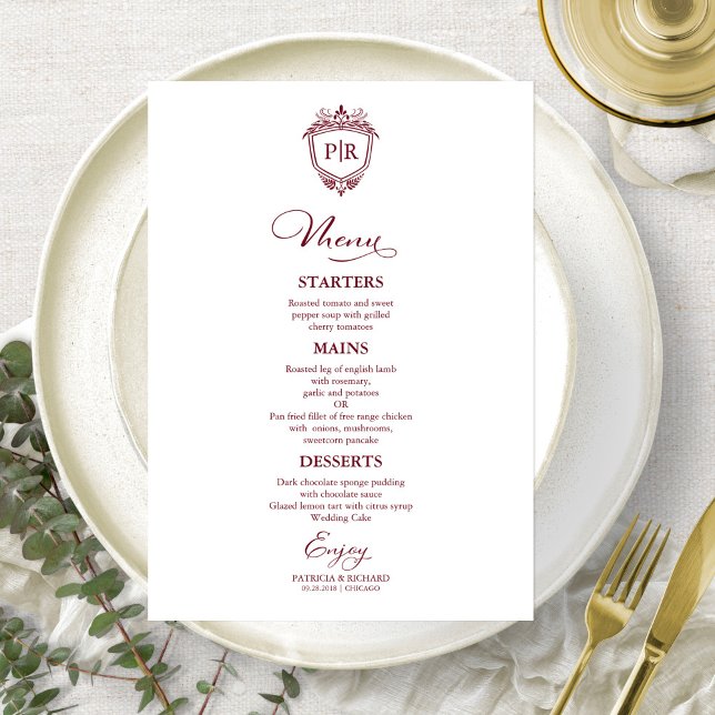 Elegant Monogram Wedding Menu Cards Burgundy (Creator Uploaded)