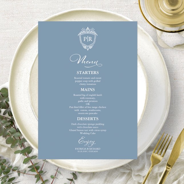 Elegant Monogram Wedding Menu Cards Dusty Blue (Creator Uploaded)