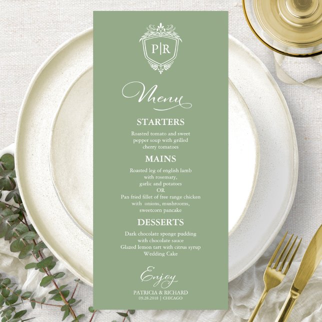 Elegant Monogram Wedding Menu Cards Sage Green (Creator Uploaded)
