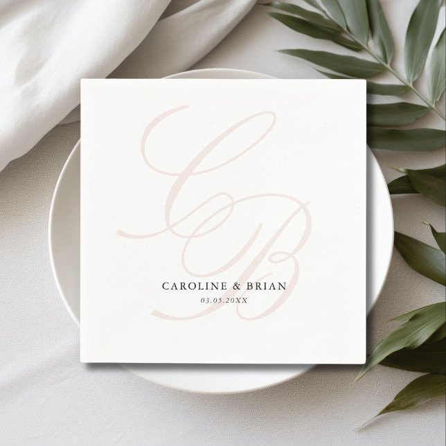 Elegant, Monogram, Wedding  Napkin (Elegant, Monogram, Wedding Napkins, script font, white & blush.)