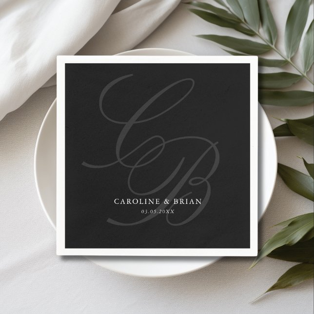 Elegant, Monogram, Wedding  Napkin (Elegant, Monogram, Wedding Napkins, script font, black & white.)