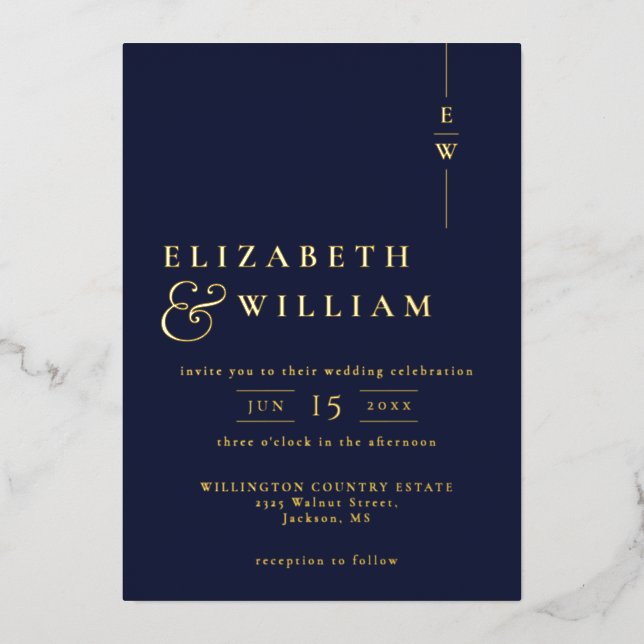 Elegant Monogram Wedding Navy Blue And Gold (Front)