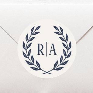 Elegant Monogram Wedding Navy Blue Classic Round Sticker