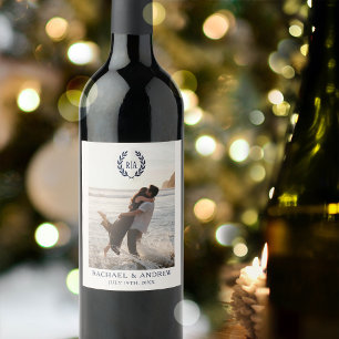 Elegant Monogram Wedding Navy Blue Wine Label