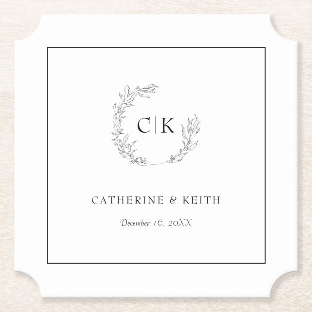 Elegant Monogram Wedding Paper Coaster (Front)