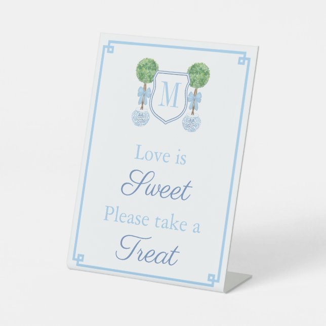 Elegant Monogram Wedding Shower Favour Table Pedestal Sign (Front)