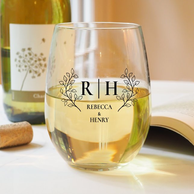 Elegant Monogram Wedding Stemless Wine Glass (Creator Uploaded)