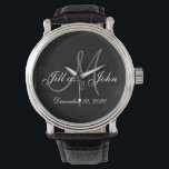 Elegant Monogram Wedding Watch<br><div class="desc">Elegant Monogram Wedding Keepsake Watch. Design by Elke Clarke © 2008 for MonogramGallery at Zazzle. Black and white with grey initial text overlay with bride and groom names and wedding date.</div>