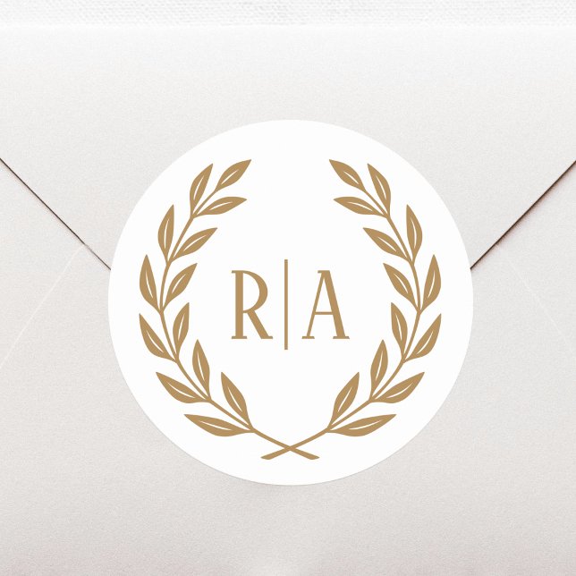 Elegant Monogram Wedding Wreath Gold White Classic Round Sticker (Creator Uploaded)