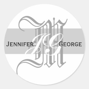 Elegant Monogram White and Grey Wedding Sticker