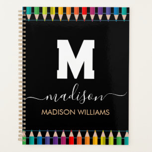 Elegant Monogram white black Script Office School Planner