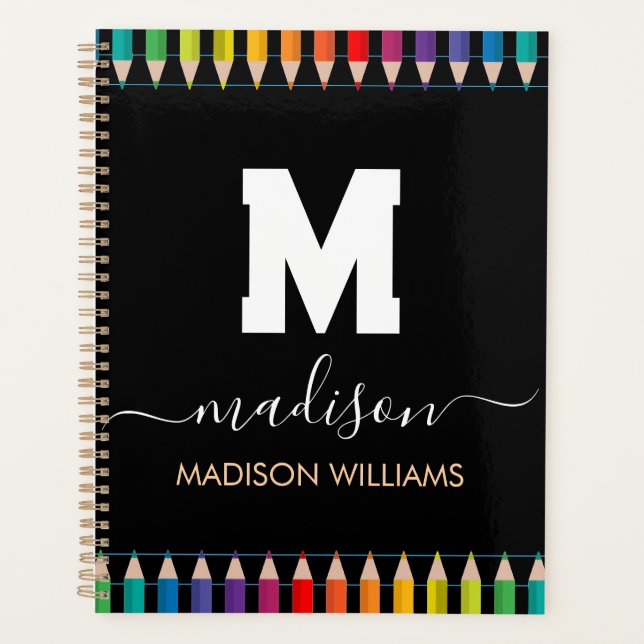 Elegant Monogram white black  Script Office School Planner (Front)