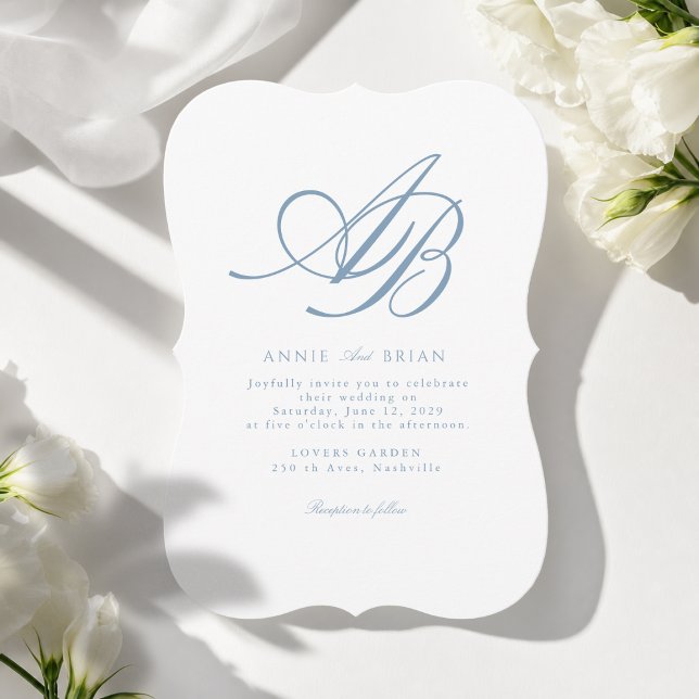 Elegant Monogram White Blue Wedding Invitation (Elegant Monogram Blue White Wedding Invitation)