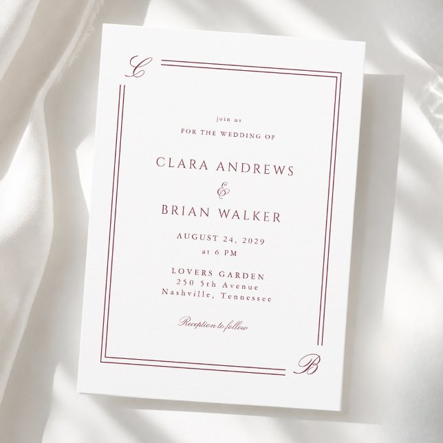 Elegant Monogram White Burgundy Border Wedding Invitation (Elegant Monogram White Burgundy Border Wedding Invitation)