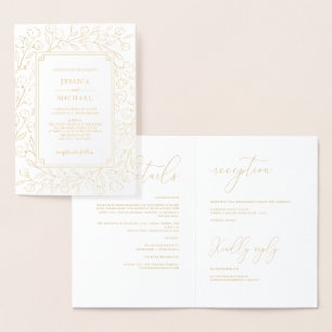 Elegant Monogram White Gold Classic Floral Wedding Foil Card