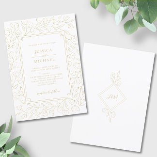 Elegant Monogram White Gold Classic Floral Wedding Invitation