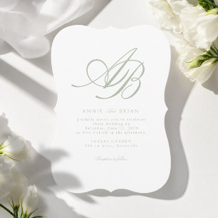 Elegant Monogram White Green Wedding Invitation