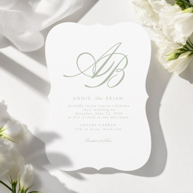 Elegant Monogram White Green Wedding Invitation (Elegant Monogram White  Sage Green Wedding Invitation)