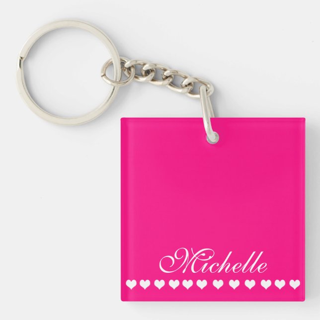 Elegant Monogram White Hearts Bright Pink Key Ring (Front)