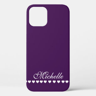 Elegant Monogram White Hearts Eggplant Purple iPhone 12 Case