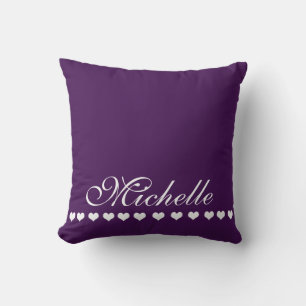 Elegant Monogram White Hearts Eggplant Purple Cushion