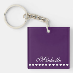 Elegant Monogram White Hearts Eggplant Purple Key Ring