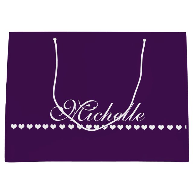 Elegant Monogram White Hearts Eggplant Purple Large Gift Bag (Front)