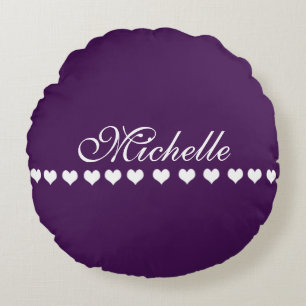 Elegant Monogram White Hearts Eggplant Purple Round Cushion
