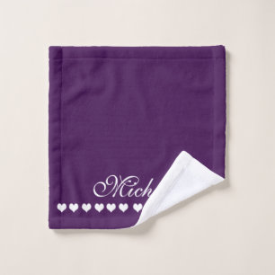 Elegant Monogram White Hearts Eggplant Purple Wash Cloth