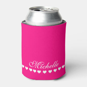 Elegant Monogram White Hearts Pink Can Cooler
