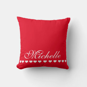 Elegant Monogram White Hearts Red Cushion