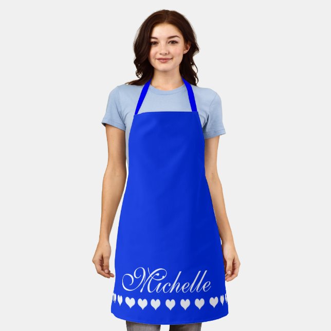 Elegant Monogram White Hearts Royal Blue Apron (Worn)