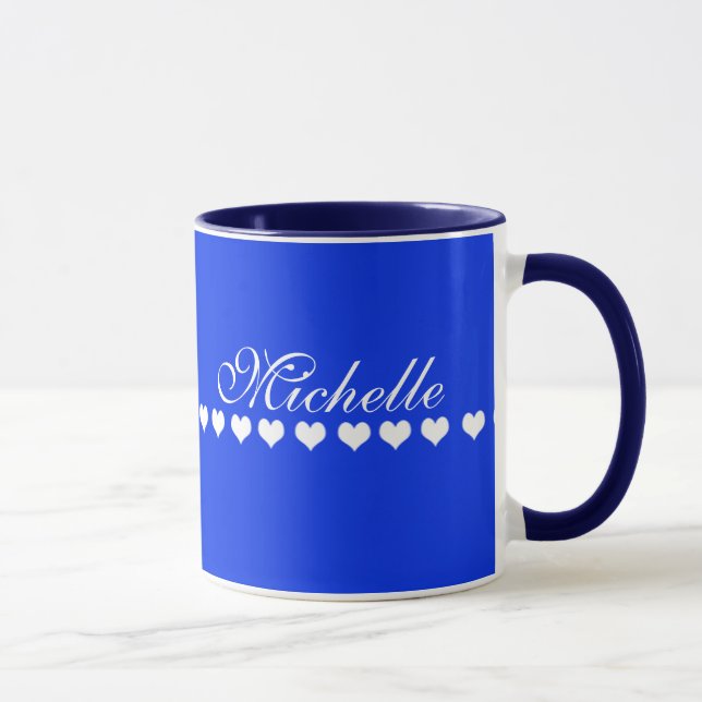Elegant Monogram White Hearts Royal Blue Mug (Right)