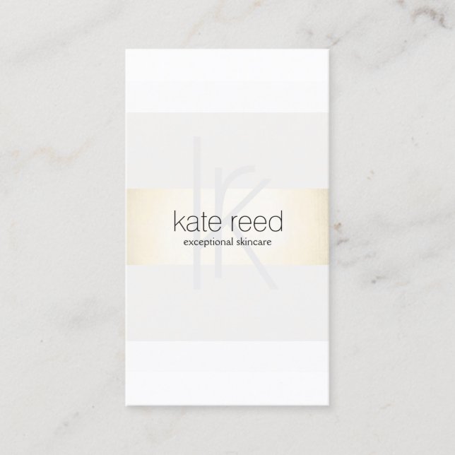 Elegant Monogram White Modern Gold Striped Business Card (Front)