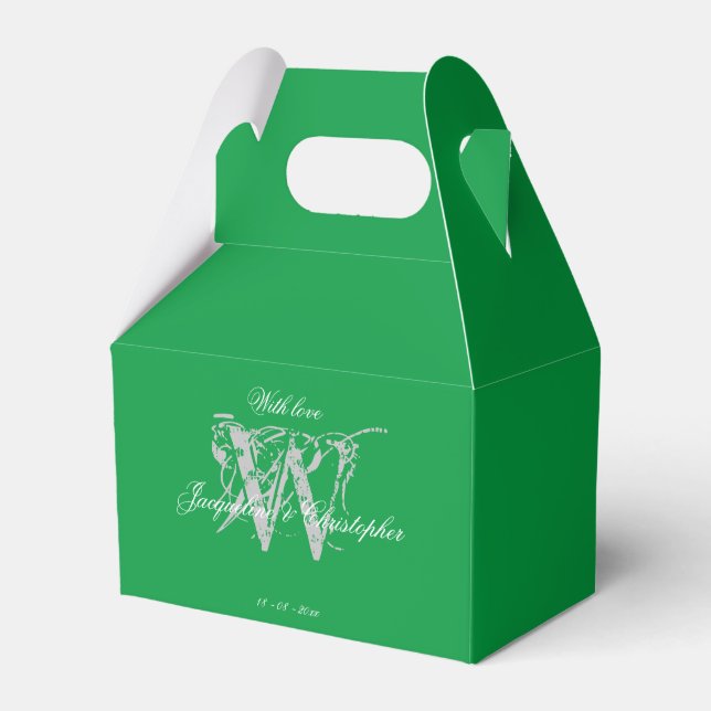 Elegant Monogram White Names Emerald Green Wedding Favour Box (Front Side)