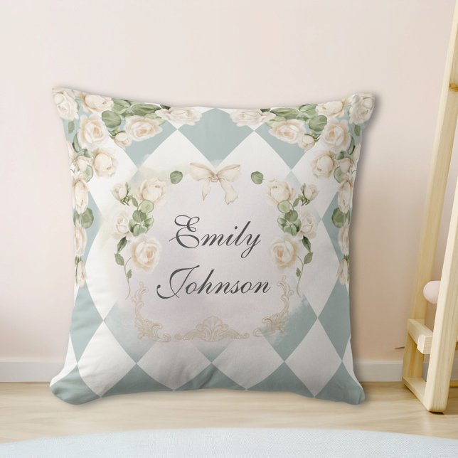 Elegant Monogram White Roses Green Leaves Diamond Cushion (In situ)