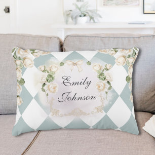 Elegant Monogram White Roses Green Leaves Diamond Decorative Cushion