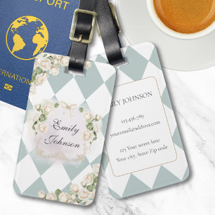 Elegant Monogram White Roses Green Leaves Diamond Luggage Tag