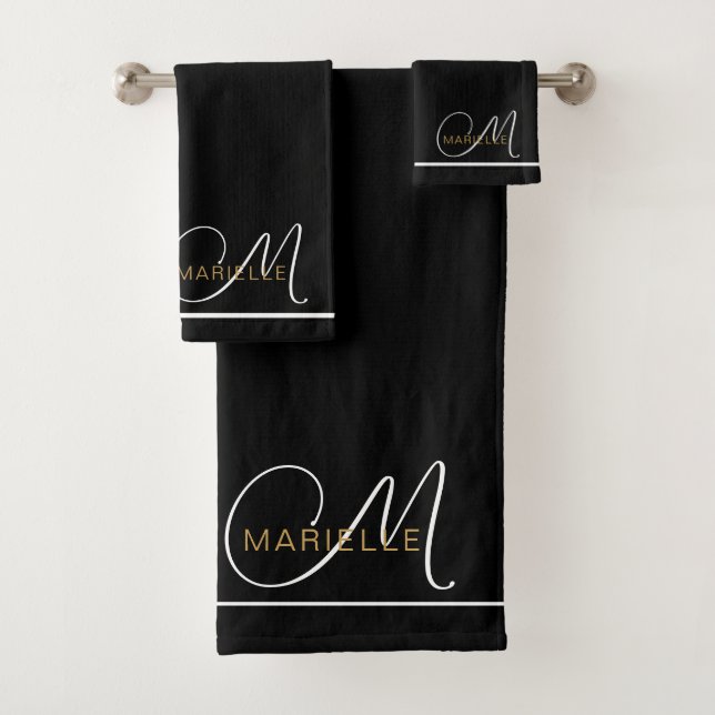 Elegant Monogram White Script Initial Gold Name  Bath Towel Set (Insitu)