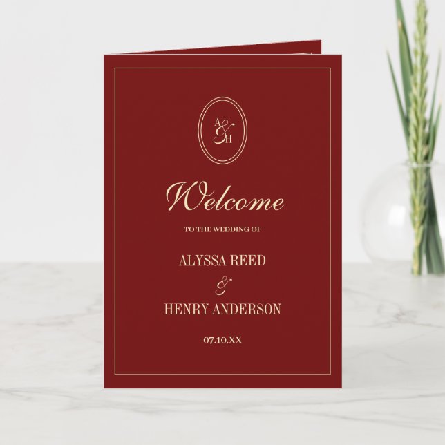 Elegant Monogram Wine Red Wedding Ceremony Programme (Front)