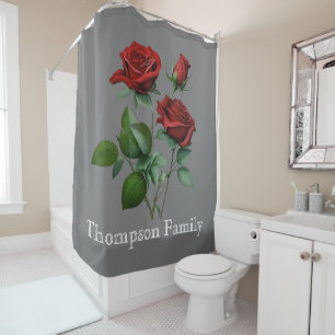 Elegant monogram with beautiful roses l Grey Shower Curtain