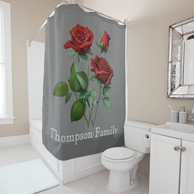 Elegant monogram with beautiful roses l Grey  Shower Curtain (In Situ)